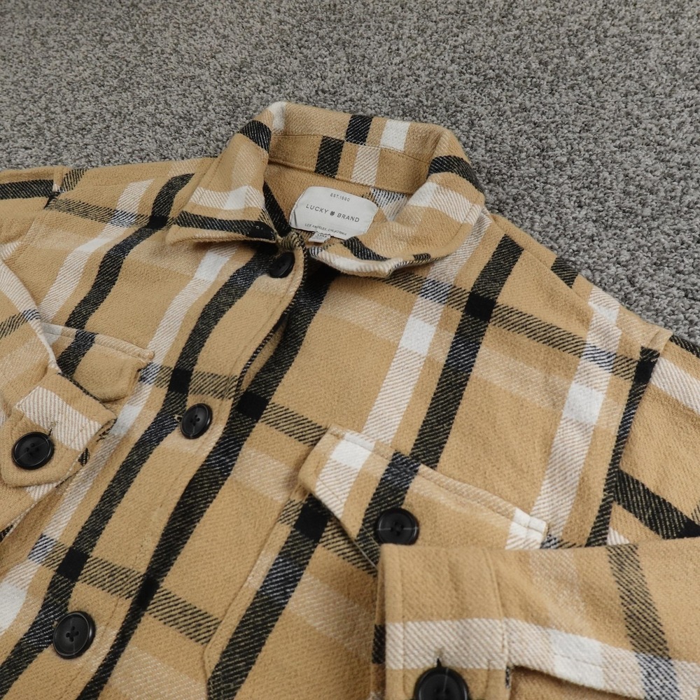 Lucky Brand Jacket Mens M Beige Plaid Flannel Shirt Shacket Button Front Coat